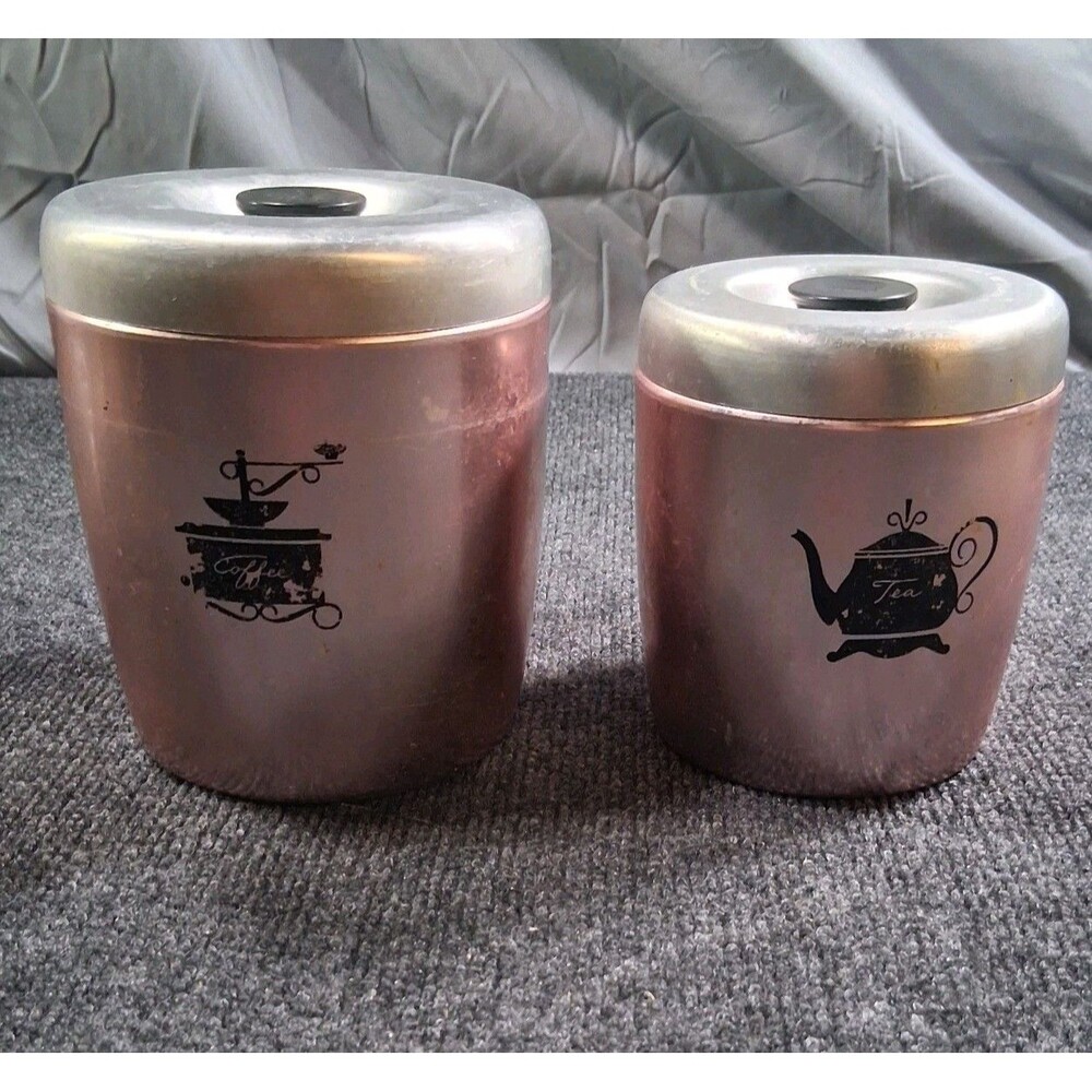 Vintage West Bend Copper Rose Gold Tea Coffee Kitchen Canisters w Silver Lid